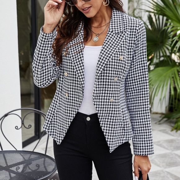 Jackets & Blazers - Black White Plaid Houndstooth Open Front Blazer